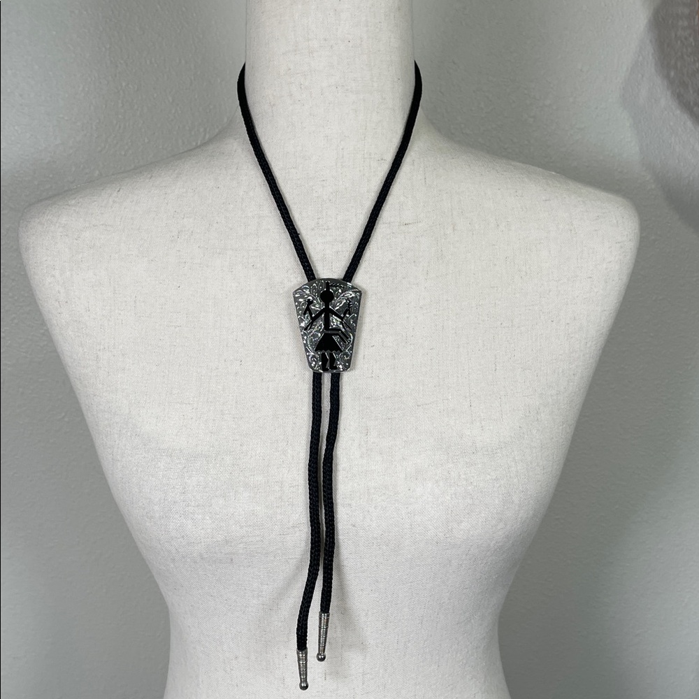 Vintage Native American Dancing Bolo Necktie Silver & Black